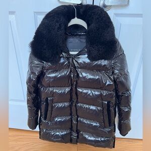 Dawn Levy Shiny Black Puffer Jacket with Plush Fur Collar
